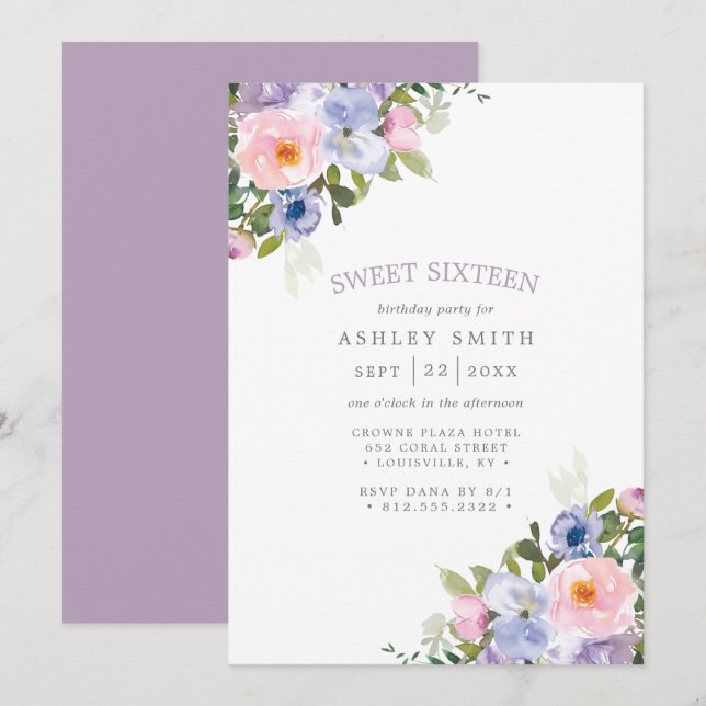 Blush Pink Purple Floral Watercolor Sweet 16 Invitation (Front/Back)