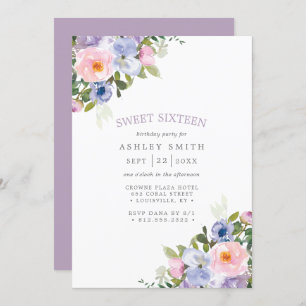 Blush Pink Purple Floral Watercolor Sweet 16 Invitation