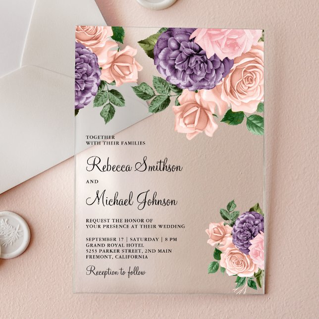 Blush Pink Purple Floral Wedding Acrylic Invitations (Creator Uploaded)