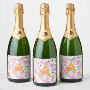 Blush pink purple florals monogram birthday party sparkling wine label
