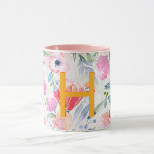 Blush pink purple florals watercolor monogram mug