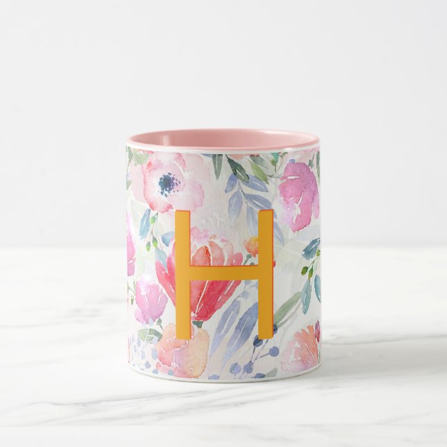 Blush pink purple florals watercolor monogram mug (Center)