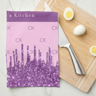 Blush pink purple glitter custom monogram text tea towel