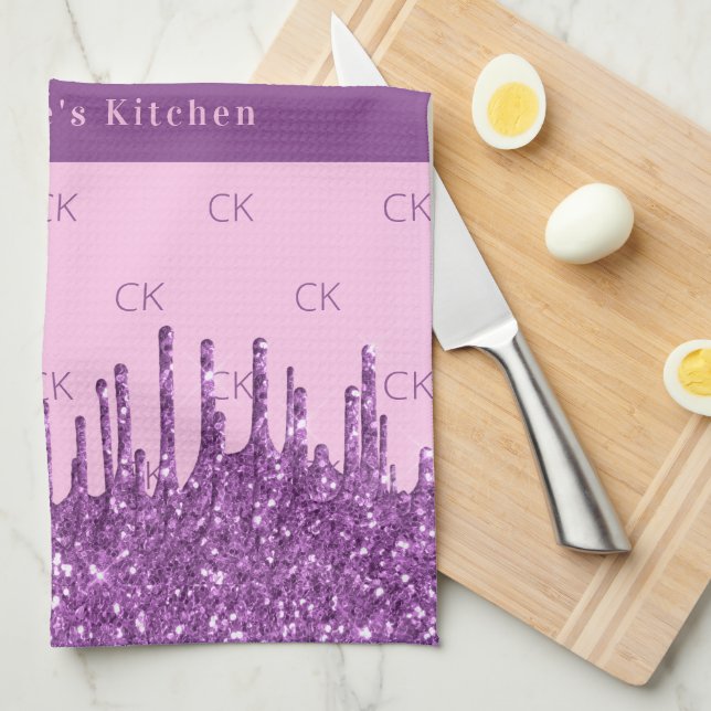 Blush pink purple glitter custom monogram text tea towel (Quarter Fold)