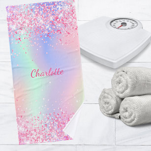 Blush pink purple glitter dust holographic girl bath towel