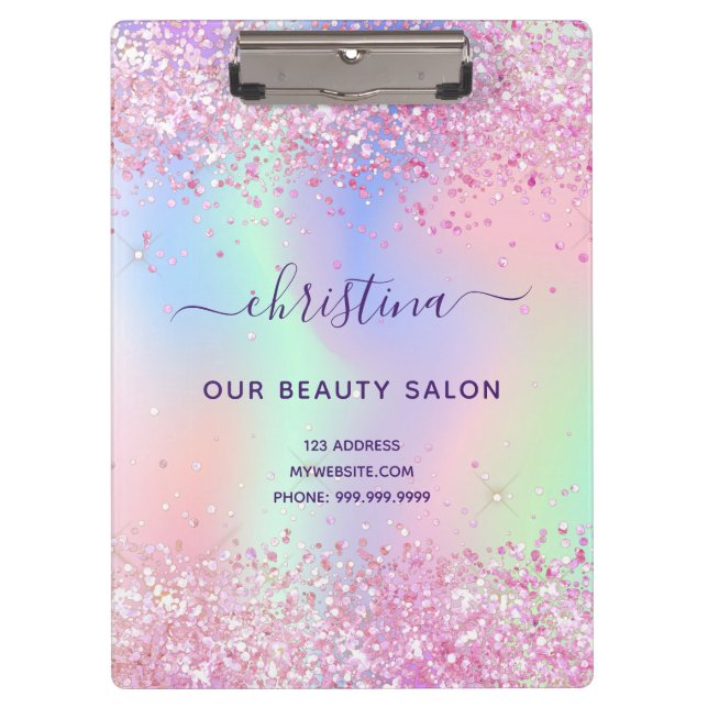 Blush pink purple glitter dust iridescent business clipboard (Front)