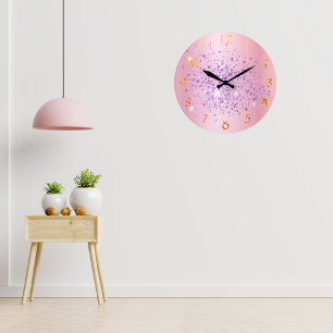 Blush pink purple glitter dust metal name script large clock