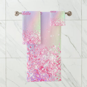 Blush pink purple glitter  girl holographic bath towel set