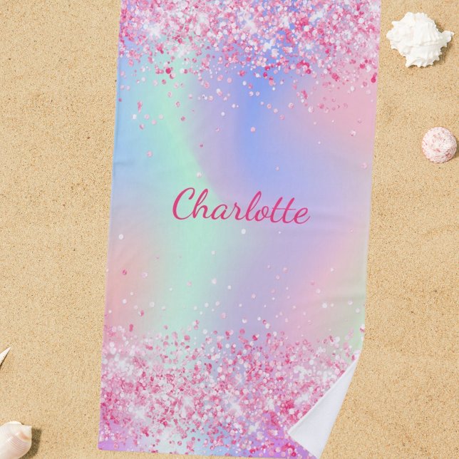 Blush pink purple glitter girl holographic name beach towel (Creator Uploaded)