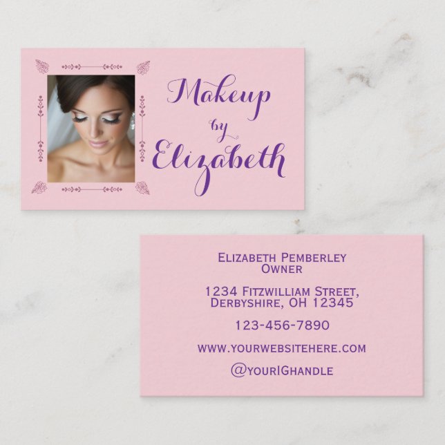 Blush Pink Purple Script Photo Makeup Business Card (Front/Back)