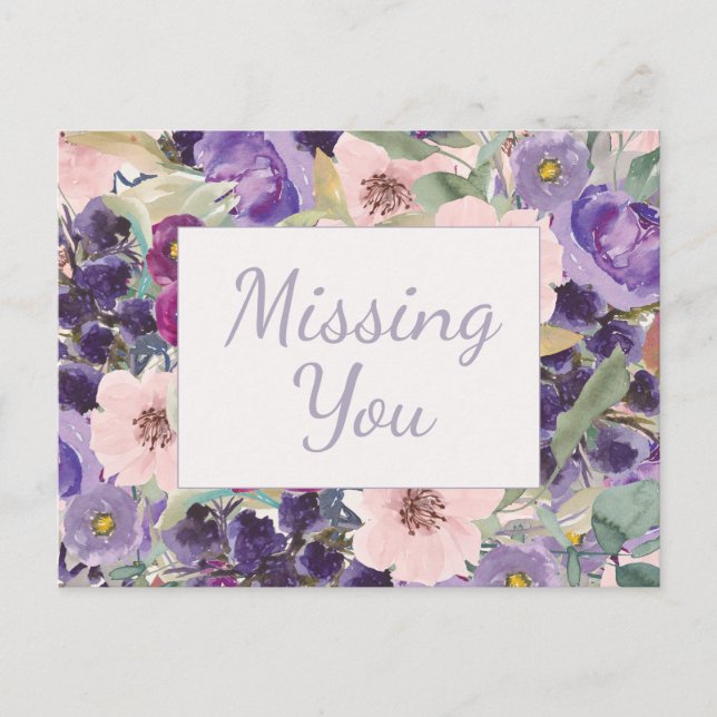 Blush Pink Purple Watercolor Floral Missing You Postcard (Front)