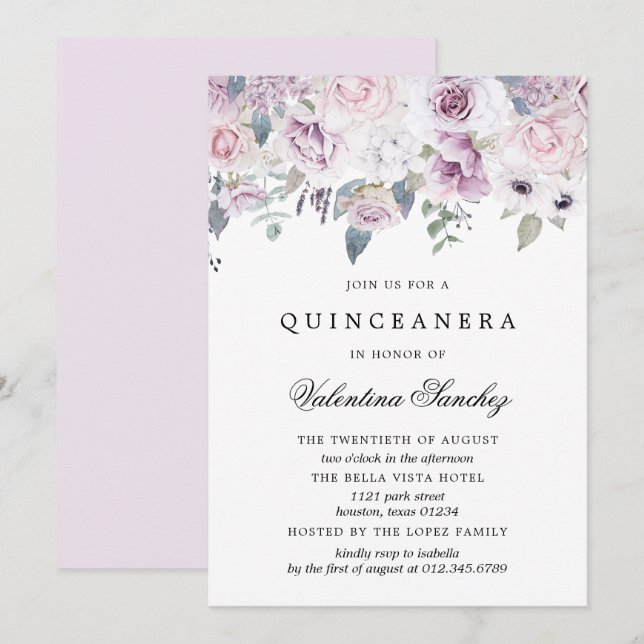 Blush Pink Purple Watercolor Floral Quinceanera Invitation (Front/Back)