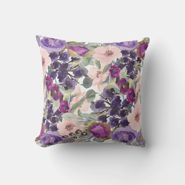 Blush Pink Purple Watercolor Floral Sage Green Cushion (Front)
