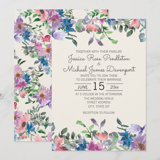 Blush Pink Purple Watercolor Garden Floral Wedding Invitation (Front/Back)