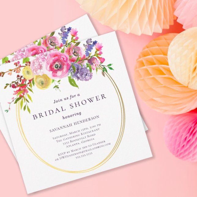 Blush Pink Purple Yellow Floral Bridal Shower Invitation (Creator Uploaded)