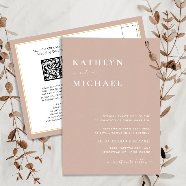 Blush Pink QR Code All In One Modern Chic Wedding Invitation Postcard (Creator Uploaded)