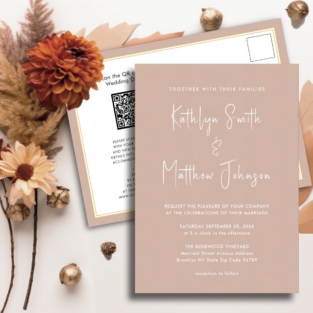 Blush Pink QR Code All In One Modern Chic Wedding Invitation Postcard (Creator Uploaded)