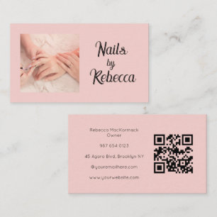 Blush Pink QR Code Photo Black Script Manicurist Business Card