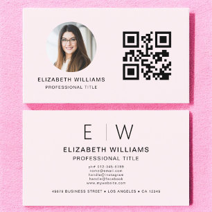 Blush Pink QR Code Photo Monogram Minimalist Business Card