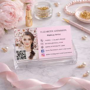 Blush pink qr code social media photo business card