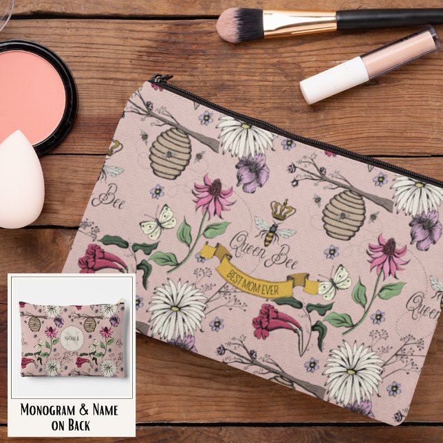 Blush Pink Queen Bee & Gold Crown Best Mum Ever Accessory Pouch (Elegant Royal Queen Bee Hand-Drawn Patter with Custom Text on Front & Monogram and Name on the Back)