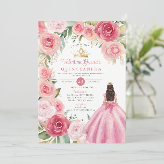 Blush Pink Quinceañera 15 Anos Flowers Gold  Invitation (Standing Front)