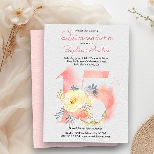 Blush Pink Quinceanera Floral Number 15 Birthday Invitation