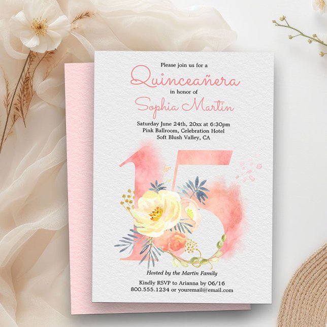 Blush Pink Quinceanera Floral Number 15 Birthday Invitation (Quinceanera Invitation from my Blush Pink Number 15 Quinceanera collection
)