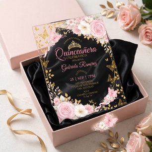 Blush Pink Quinceañera Golden Butterflies Roses Acrylic Invitations