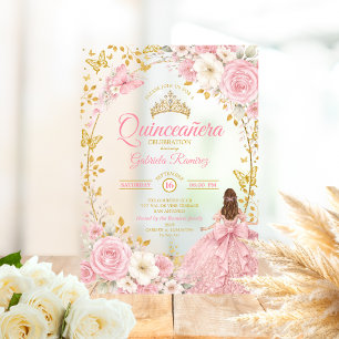 Blush Pink Quinceañera Golden Butterfly Invitation
