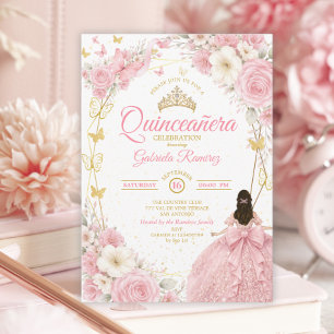 Blush Pink Quinceañera Golden Tiara Butterfly Invitation