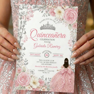 Blush Pink Quinceañera Silver Butterfly Invitation