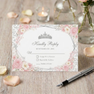 Blush Pink Quinceañera Silver Butterfly  RSVP Card