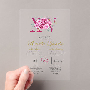 Blush pink quinceañera with pink rose acrylic invitations