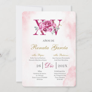 Blush pink quinceañera with pink rose invitation