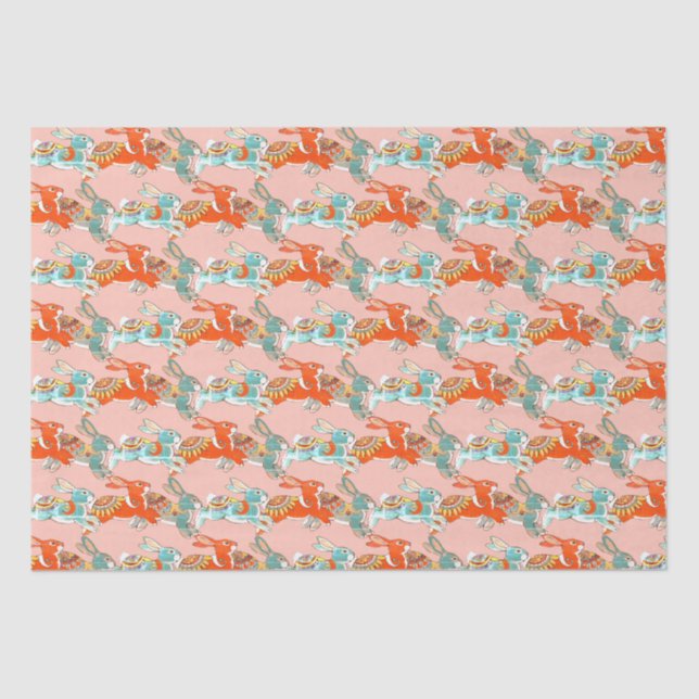 Blush Pink Rabbit Bunny Colourful Cute Folk Patter Tissue Paper (Front)