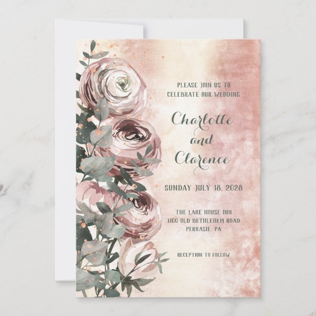Blush Pink Ranunculus Eucalyptus Rose Gold Wedding Invitation (Front)