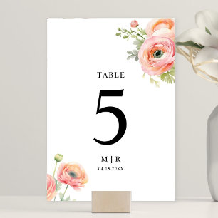 Blush Pink Ranunculus Floral Wedding Table Number
