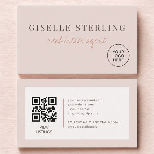 Blush Pink Real Estate Agent Logo QR Code Business Card