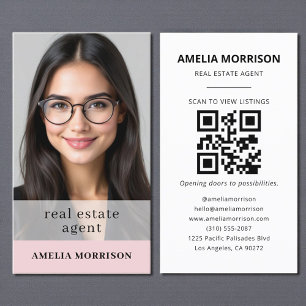 Blush Pink Real Estate Agent QR Code Photo  Business Card