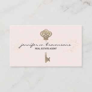 Blush Pink Real Estate Retro Gold Key Business Card