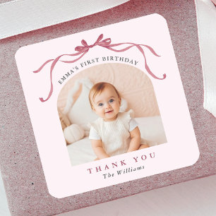 Blush Pink Red Bow Birthday Thank You Square Sticker