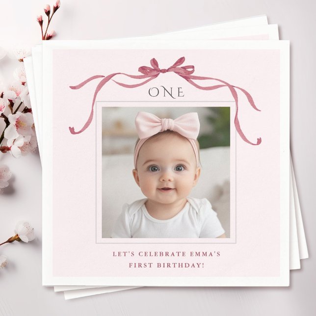 Blush Pink Red Bow First Birthday Photo Napkin (Creator Uploaded)
