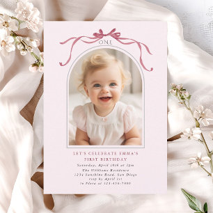 Blush Pink Red Bow Girl 1st Birthday Arch Photo Invitation