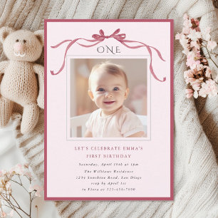 Blush Pink Red Bow Girl 1st Birthday Party Invitation