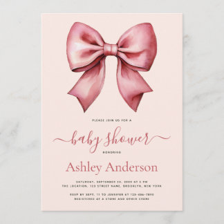 Blush Pink Red Bow Girl Baby Shower Invitation