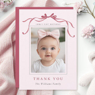 Blush Pink Red Bow Minimal Birthday Photo  Thank You Card