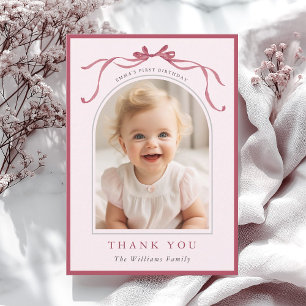 Blush Pink Red Bow Minimal Birthday Photo  Thank You Card