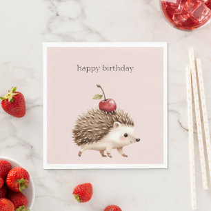 Blush Pink Red Cherry Adorable Hedgehog Birthday Napkin
