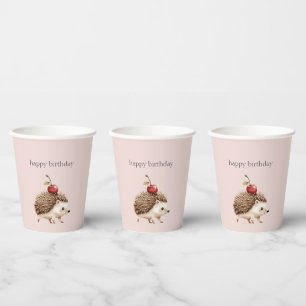 Blush Pink Red Cherry Adorable Hedgehog Birthday Paper Cups
